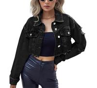 Tidecc Women's Cropped Denim Jacket Long Sleeve Button Down Fringe Raw Hem Ripped Jean Cardigan Outerwear Black