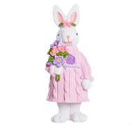 Tidevib Hand-Painted Easter Bunny Figurine Resin Spring for Rabbit Ornament Home Decor Shelf Mantel Party Green Pink 15x6.5cm(Pink)
