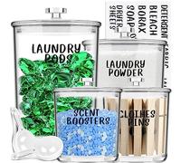 TIDIdea 4 Pack Laundry Room Organization Jars - Laundry Storage Containers with Labels & Scoops Hold Pods, Powder, Scent Booster, Beads, Soap, Detergent - Great Laundry Organizer - Clear Acrylic