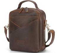 TIDING Men's Genuine Leather Shoulder & Crossbody Bag Fits iPad 10.2", Multiple Pockets, Line Design for Work Daily Use, Brown
