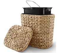 Tidita 1.3 Gallons Wicker Woven Waste Basket with Lid - Oval Water Hyacinth Trash Can with Handles - Seagrass Garbage Can for Bedroom, Bathroom, Kitchen, Office - Handwoven Slim Bin for Under Sink