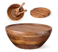 Tidita 12.2" Large Salad Bowl with Serving Utensils with Lid (Acacia color)