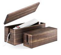 TIDITA Acacia Large Cable Management Box - Set of 2 Cord Box Hider for Office - Cable Hider Box, Surge Protector Box for TV Wires, Desk - Power Strip Box with 2 Open Slots, Magnetic Lid (Walnut color)