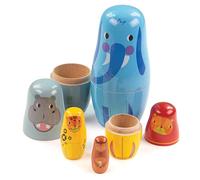 Tidlo Jungle Animal Russian Dolls | Wooden Nesting Figures for Kids | Stacking Doll Set with Elephant, Hippo Lion, Tiger & Monkey Figurines | Ornaments & Decorations for Children