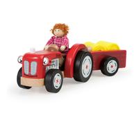 Tidlo Wooden Red Tractor & Trailer Toy - Includes 2 Felt Hay Bales