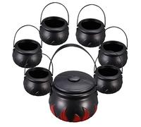 TIDTALEO 7 Pcs Halloween Candy Buckets Black Cauldrons with Handles Trick Treat Candy Holders Large Fire Pattern Lid Cauldron and Small Fire Pattern Buckets for Party Treats