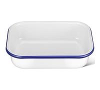 TIDTALEO Rectangular Enamel Baking Tray, White Heat-Resistant Roasting Pan with Blue Rim, 16X22Cm, for Kitchen Oven and Food Serving