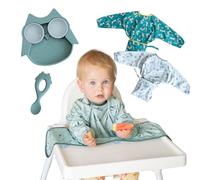 Tidy Tot®™ Cover & Catch™ Weaning Essentials Kit. 3 Coverall Baby Weaning Feeding Bibs with Sleeves. LFGB Silicone Suction Plate includes Pots with Lids & Silicone Spoon.