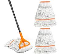 TidyBliss Industrial Mop with 3 Replacement Heads, 140 cm Long Handle Large Heavy Duty Commercial String Floor Cleaner, Professional Dry Wet Cotton Cleaning Tool for Concrete Tile Hardwood (Orange)