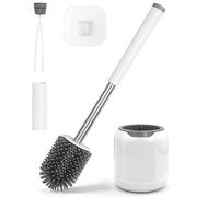 TidyBliss Silicone Toilet Brush and Holder Set, Wall-Mounted Compact Rubber Bathroom Bowl Cleaning Kit with Tweezers for RV Camper Bathtub Sink Wash Basin (White & Grey)