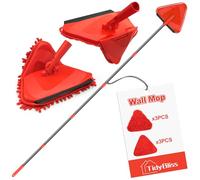 TidyBliss Wall Cleaning Mop with Long Handle 202cm, Ceiling Duster Scrubber with 360° Swivel Collapsible Head, Baseboard Cleaner Tool with 3 Chenille and 3 Microfiber Pads for Windows Floor (Red)
