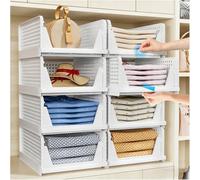 TidyIsles 4 Pack Foldable Closet Organizer, Stackable Storage Boxes, Plastic Storage Baskets, Drawers for Bedroom, Kitchen and Bathroom Organization, White