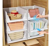 TidyIsles Wardrobe Storage Organiser, 4 Pack Folding Closet Organisers, Stackable Storage Boxes, Plastic Drawer Organiser Basket for Bedroom Kitchen Bathroom White