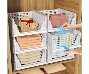 TidyIsles Wardrobe Storage Organiser, 4 Pack Folding Closet Organisers, Stackable Storage Boxes, Plastic Drawer Organiser Basket for Bedroom Kitchen Bathroom White