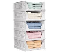 TidyIsles Wardrobe Storage Organiser - 5 Pack Folding Closet Organisers, Stackable Storage Boxes, Plastic Drawer Organiser Basket for Bedroom Kitchen Bathroom White
