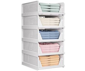 TidyIsles Wardrobe Storage Organiser - 5 Pack Folding Closet Organisers, Stackable Storage Boxes, Plastic Drawer Organiser Basket for Bedroom Kitchen Bathroom White