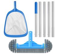 TidyMister 3PCS Cleaning Kit - 12.5'' Brush With Round End & 11'' Skimmer Net Fine Mesh & 5.7 Feet Thick Aluminum Pole 5-Segment, for Above Ground & Inground Pools Ponds