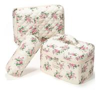 TidyStash Makeup Bag 3Pcs, Cute Makeup Pouch, Quilted Make up Bag for Women, Large Travel Cosmetic Organizer, Zipper Pouch, Pink Flower, Pink Flower