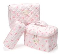 TidyStash Makeup Bag 3Pcs, Cute Makeup Pouch, Quilted Makeup Bag for Women, Travel Make up Bag, Large Cosmetic Bag, Zipper Pouch, Bow, Bow