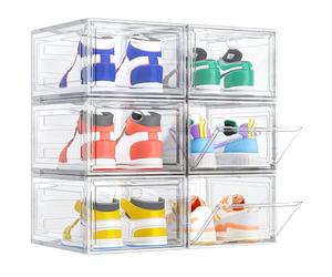 TidyTrove Shoe Storage Box, 6 Pcs Shoe Box Clear Plastic Stackable, Sturdy Foldable Shoe Organizer Containers with Magnetic Door for Women/Men, White