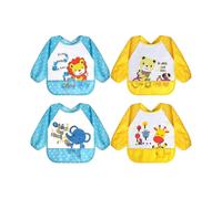 (Tie Closure-6-36 months, 4pcs-blue Yellow) 5 Pack Long Sleeve Baby Bibs, Waterproof Sleeved Bib, Toddler Baby Bibs For 6-36 Months