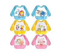(Tie Closure-6-36 months, 6pcs-blue Pink Yellow) 5 Pack Long Sleeve Baby Bibs, Waterproof Sleeved Bib, Toddler Baby Bibs For 6-36 Months
