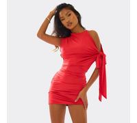 Tie Detail Open Shoulder Ruched Mini Dress In Red, Women's Size UK Extra Small XS