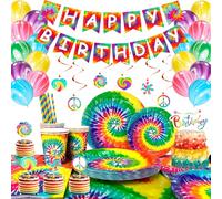 Tie Dye Birthday Party Supplies,16 Guests Tie-Dye Party Tableware Set Plates Cups Banner Balloon Hanging Swirl Cake Topper etc Tie Dye Birthday Decorations