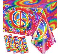 Tie Dye Birthday Party Supplies, 60's Hippie Theme Tablecloth 3Pcs Groovy Hippie Table Cover Peace Love tie dye Table Cloths for Parties