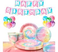 Tie Dye Birthday Party Supplies, Tie Dye Tableware & Decorations Set - Tie Dye Plates and Napkins Cups & Rainbow Table Cloth & Tie Dye Birthday Banner Balloons etc Rainbow Tie Dye Party Supplies