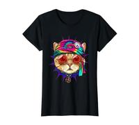 Tie Dye Cat Shirt Hippy Cat Peace Sign Cat Lover Value Graphic T-Shirt, Women, Black, M