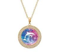 Tie Dye Dolphin Watercolor Fashion Necklace Chain Round Graphic Pendant with Diamond Jewellery Unisex Golden-style