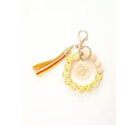 Tie Dye Floral Wood Ball Bead Stretchy Key Ring Bracelet Leather Tassel Keychain-Yellow