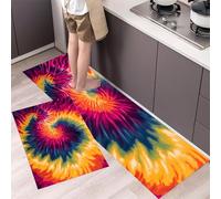 Tie-Dye Pattern Kitchen Mats Sets, 2 Piece Hippie Culture Kitchen Rugs, Waterproof Non-slip Anti-Fatigue Home Runner Washable Standing Floor Mats 43x75cm+43x150cm Multicolor
