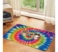 Tie Dye Rainbow Dog Food Mats for Floors, 16x24 Inch Non-Slip Super Absorbent Pet Food Mat, Dishwasher Dog Mat for Food and Water, Cute Rubber Quick Dry Pet Feeding Mat for Dogs Puppy Cats
