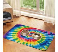 Tie Dye Rainbow Pet Feeding Mat Absorbent Pu Leather Dog Cat Food Mats Contain Spills Protects Floors, Anti-Slip Rubber Backing Dog Bowl Mats Easy Clean Pet Placemats 30x45cm