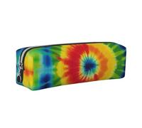 tie dye Rainbow Printed Leather Pencil Case Cute Stationery Organizer Simple Makeup Bag Pen Pouch, Silver Zipper