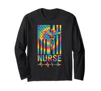 Tie Dye US Flag Caduceus Patriotic Nurse Cute Nursing Long Sleeve T-Shirt