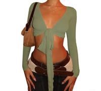 Tie Front Top for Women Long Sleeve V Neck Wrap Y2K Summer Going Out Blouse Casual Holiday Beach Shirt Green Black Beige S-L(Green L)