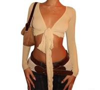Tie Front Top for Women Long Sleeve V Neck Wrap Y2K Summer Going Out Blouse Casual Holiday Beach Shirt Green Black Beige S-L(Beige M)