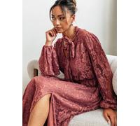 Tie Neck Long Sleeve Lace Maxi Dress Maya Deluxe Brown 10