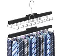 Tie Rack Belt Hanger for Closet, Upgraded Non Slip Tie Hanger Space Saving with 20 Foldable Hooks Wooden Belt Tie Organizer for Tank Tops Bras Cami Scarves (Black,2 Pack)
