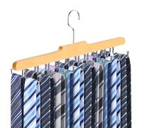 Tie Rack Belt Hanger for Closet, Upgraded Non Slip Tie Hanger Space Saving with 20 Foldable Hooks Wooden Belt Tie Organizer for Tank Tops Bras Cami Scarves (Wood,1 Pack)