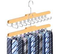 Tie Rack Belt Hanger for Closet, Upgraded Non Slip Tie Hanger Space Saving with 20 Foldable Hooks Wooden Belt Tie Organizer for Tank Tops Bras Cami Scarves (Wood,2 Pack)