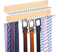 Tie Rack Wall Mounted, Natrual Wood Tie Organizer Holds 20 Ties/Belt/Purse, Tie and Belt Organizer w/ 360° Roatable Hooks,Screw Nail, Ideal for Installation on Wall、Door、Closet, 2 Pack, Natrual