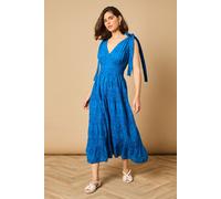 Tie Shoulder V Neck Broderie Midi Dress Oasis Blue 10