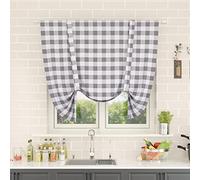Tie Up Curtain for Windows 45 inches Long Buffalo Check Adjustable Tie Up Shades Plaid Gingham Rod Pocket for Kitchen Windows 1 Panel, Grey & White