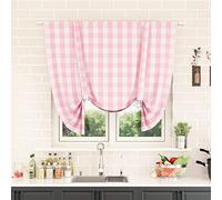 Tie Up Curtain for Windows 54 inches Long Buffalo Check Adjustable Tie Up Shades Plaid Gingham Rod Pocket for Kitchen Windows 1 Panel, Pink & White
