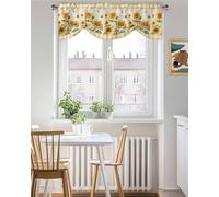 Tie Up Valance for Kitchen Windows,Farm Sunflower Bumblebee Yellow Gingham Adjustable Valances Rod Pocket Short Curtain,Pastoral Floral Bees Tie Up Curtains Valance for Bedroom Bathroom 42x18in