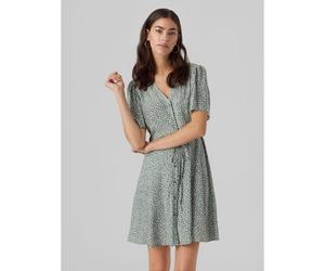 Tie-Waist V-Neck Short Sleeve Mini Dress Green Print
